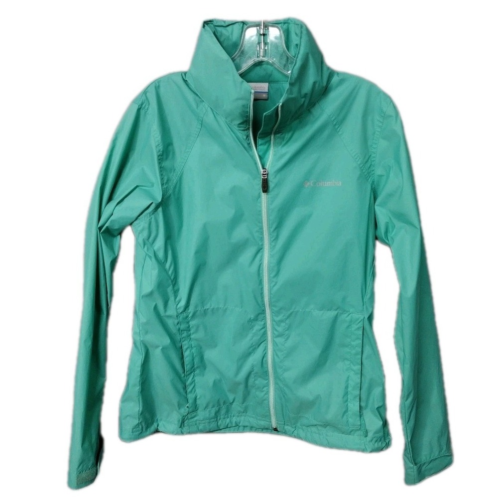 Columbia Women Medium Windbreaker Rain Jacket Mint Green Hooded Zip Hiking